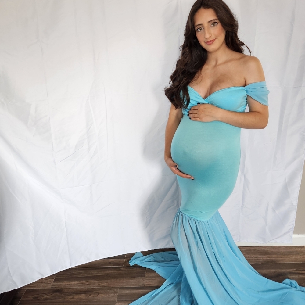 Blue mermaid maternity photoshoot dress.